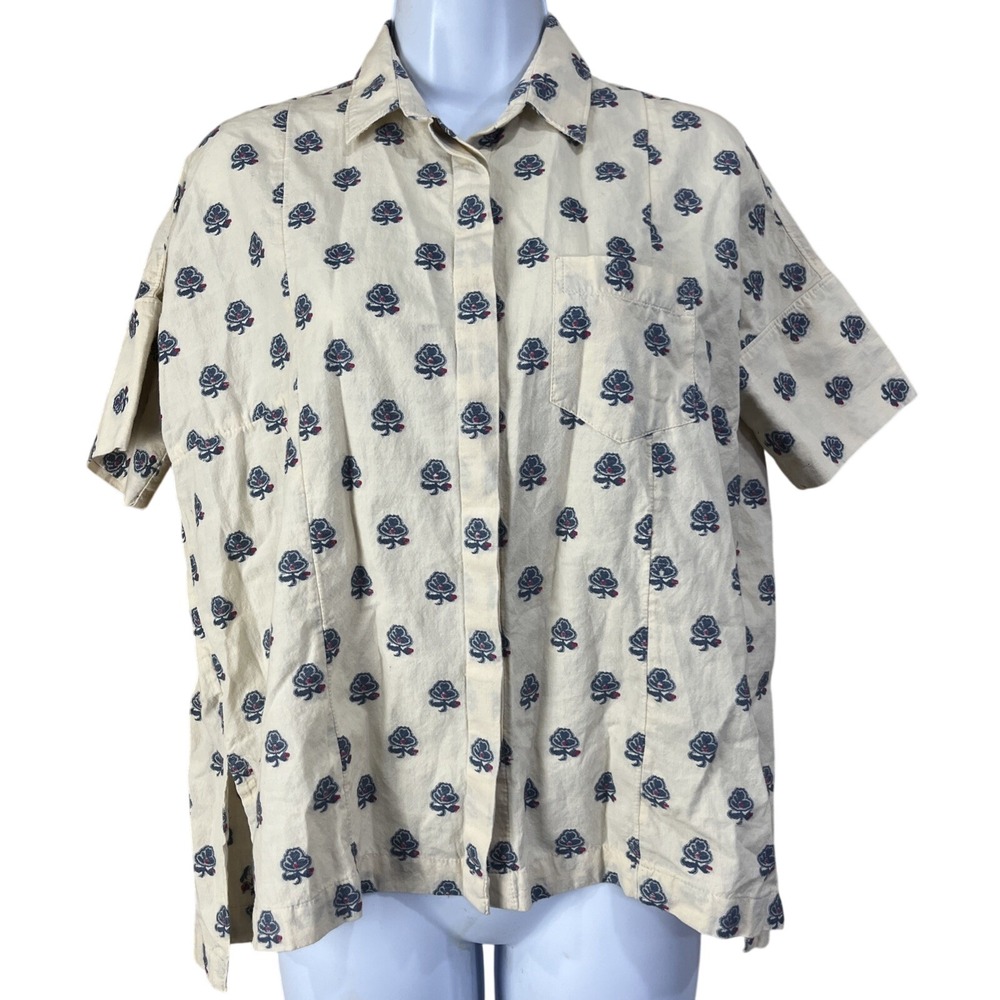 Madewell Shirt Womens XXS Ivory Blue Floral Cotton Boxy Coastal‎ Artsy Preppy